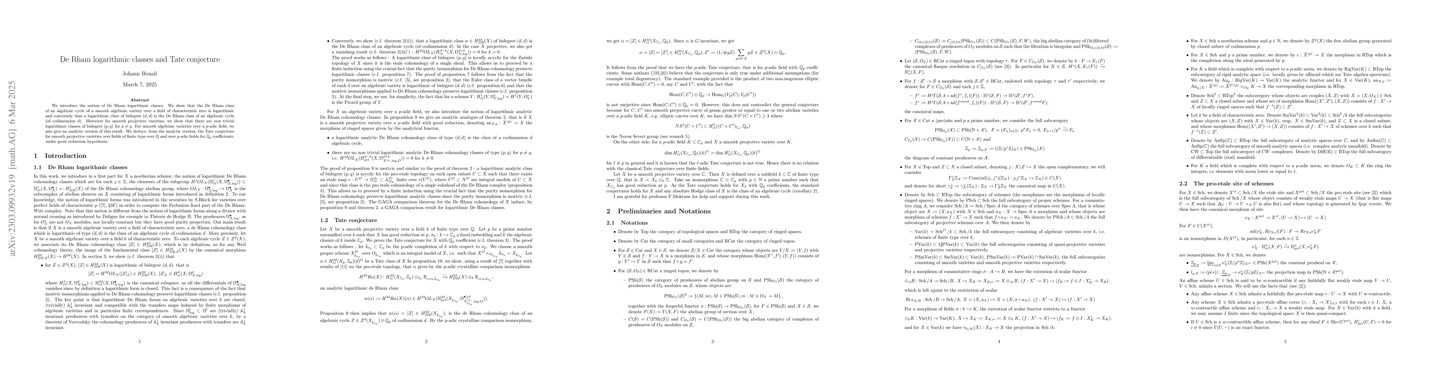 Thumbnail for De Rham logarithmic classes and Tate conjecture