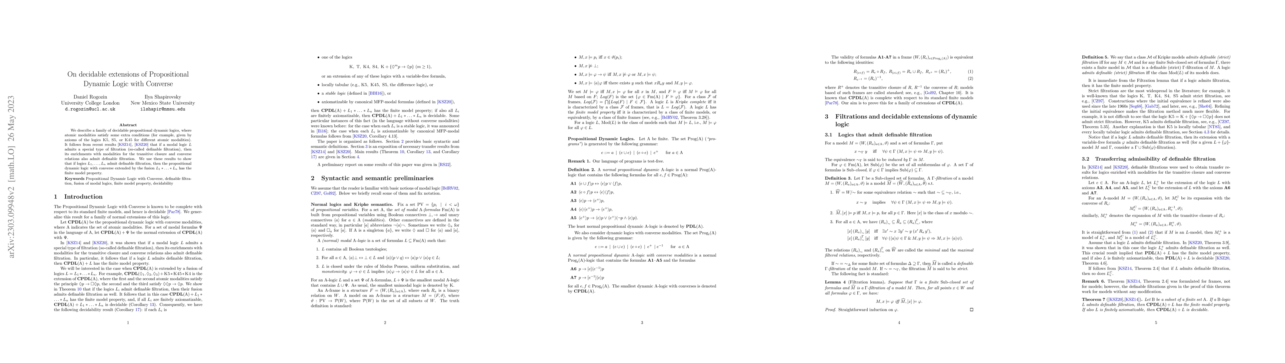 Thumbnail for On decidable extensions of Propositional Dynamic Logic with Converse