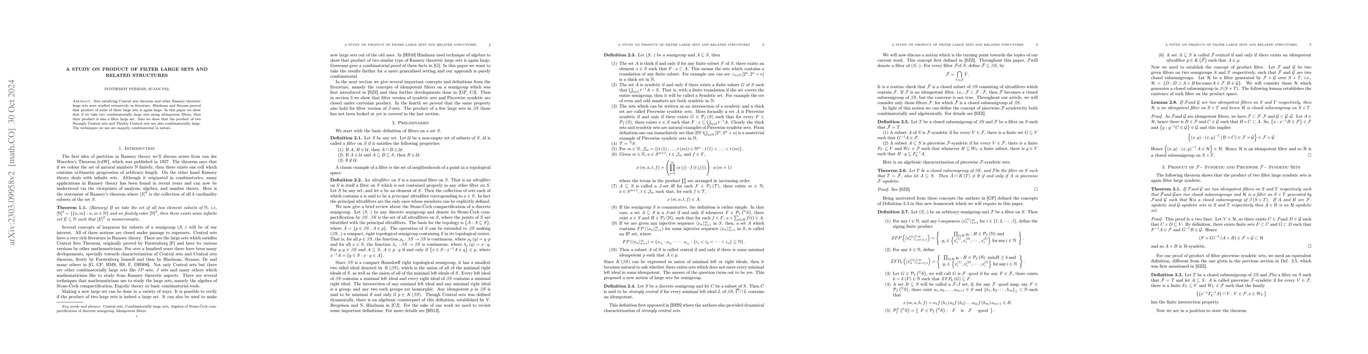 Thumbnail for A combinatorial study on product of filter large sets