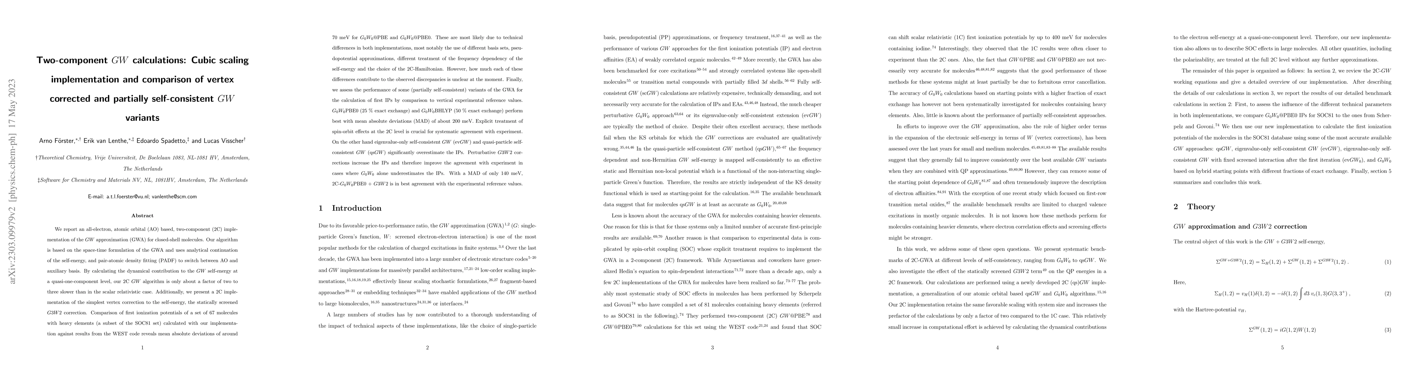 Thumbnail for Two-component $GW$ calculations: Cubic scaling implementation and
  comparison of vertex corrected and partially self-consistent $GW$ variants
