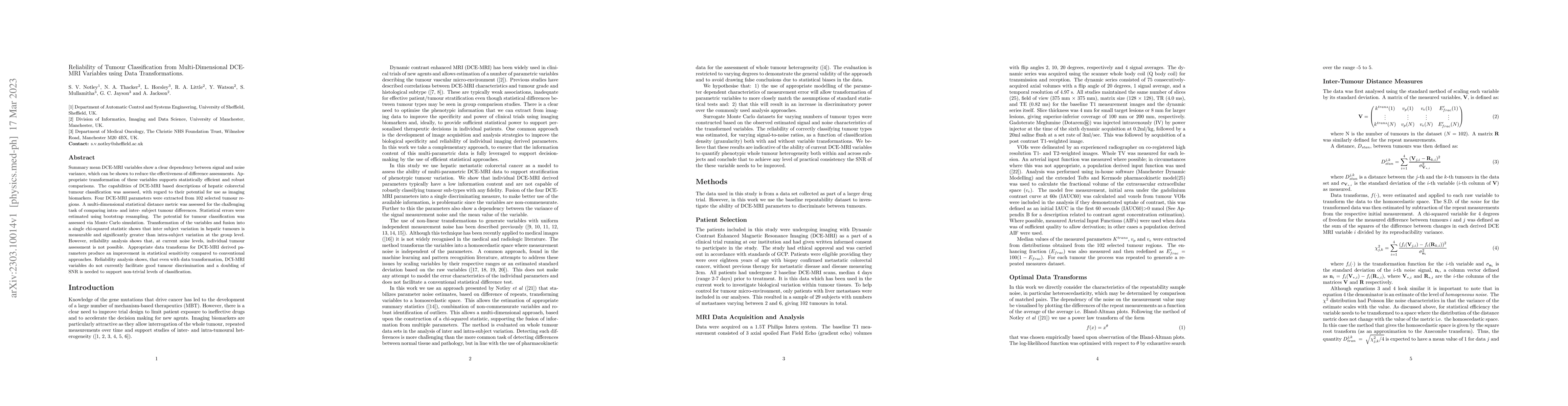 Thumbnail for Reliability of Tumour Classification from Multi-Dimensional DCE-MRI
  Variables using Data Transformations