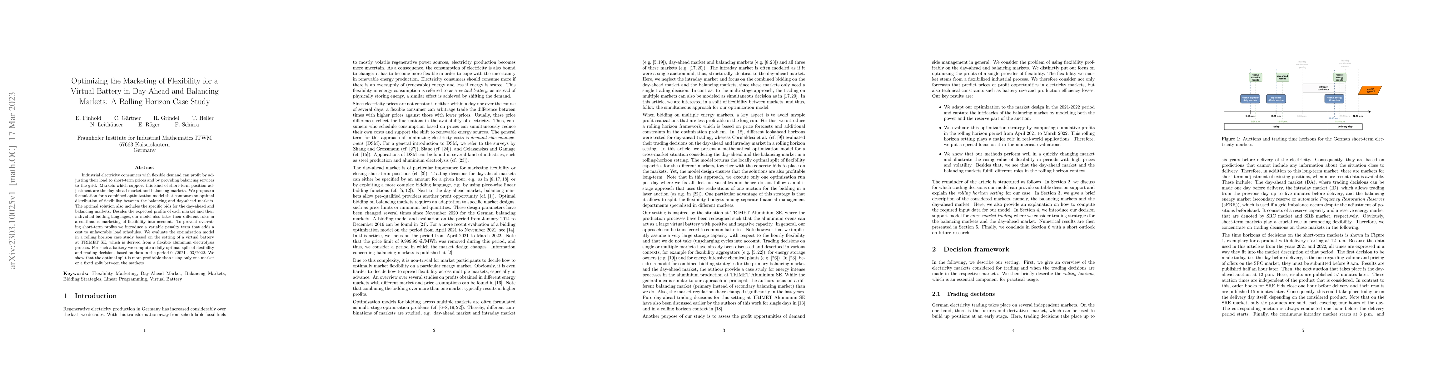 Thumbnail for Optimizing the Marketing of Flexibility for a Virtual Battery in
  Day-Ahead and Balancing Markets: A Rolling Horizon Case Study