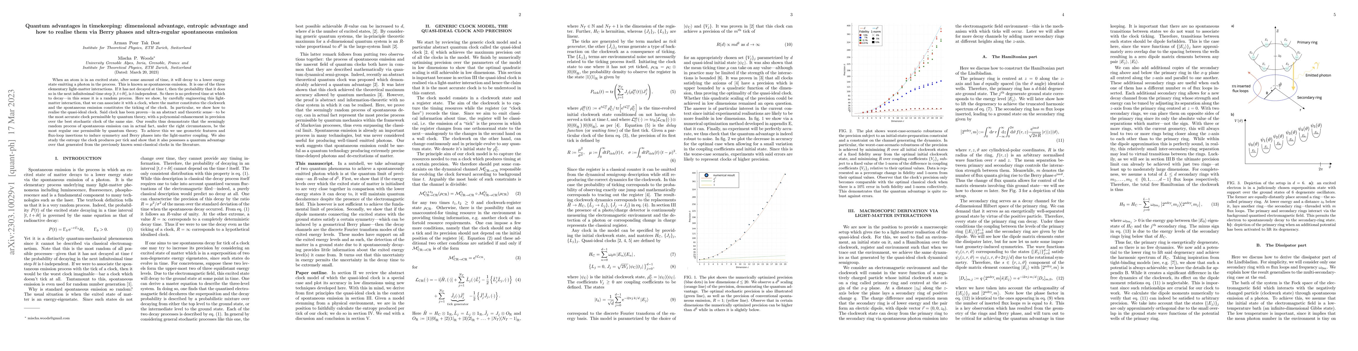Thumbnail for Quantum advantages in timekeeping: dimensional advantage, entropic
  advantage and how to realise them via Berry phases and ultra-regular
  spontaneous emission