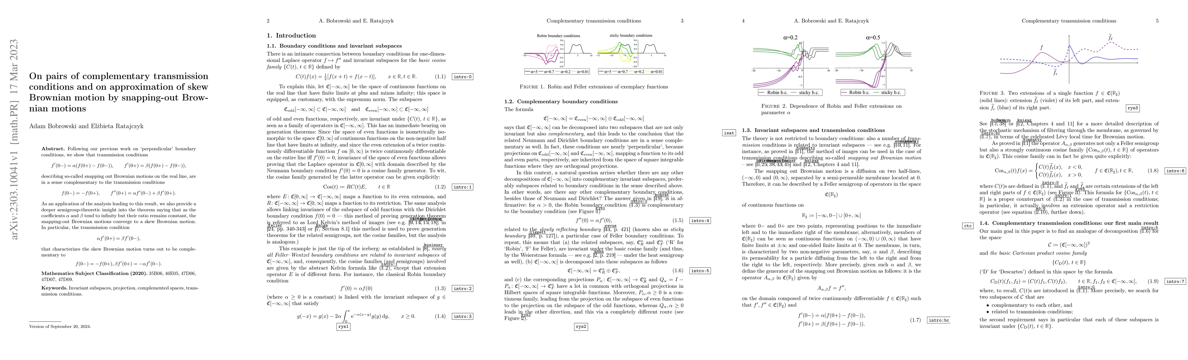 Thumbnail for On pairs of complementary transmission conditions and on approximation
  of skew Brownian motion by snapping-out Brownian motions
