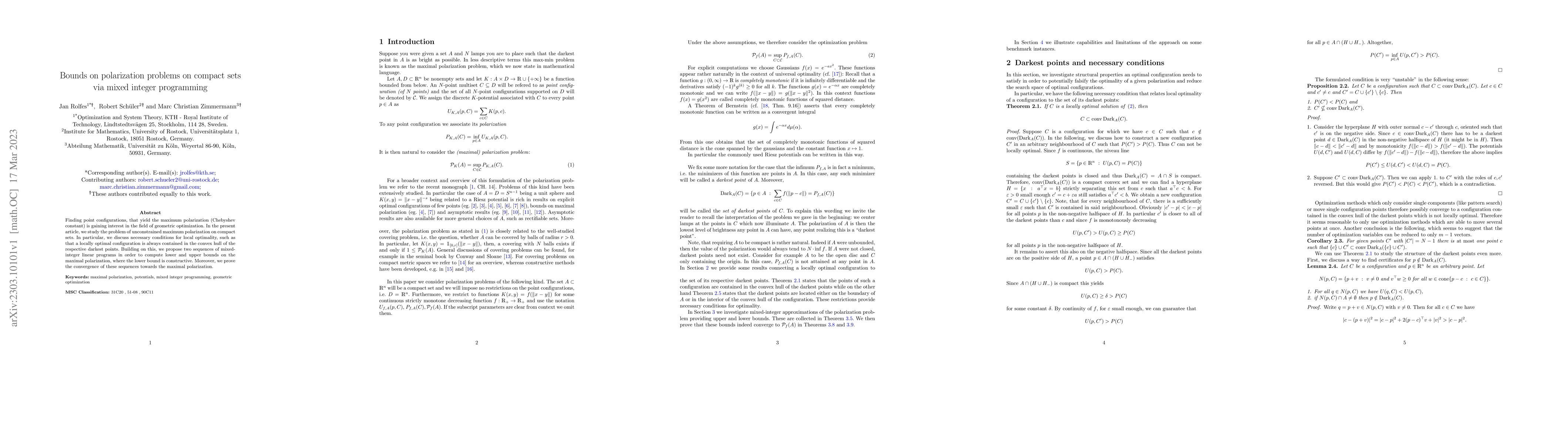 Thumbnail for Bounds on polarization problems on compact sets via mixed integer
  programming