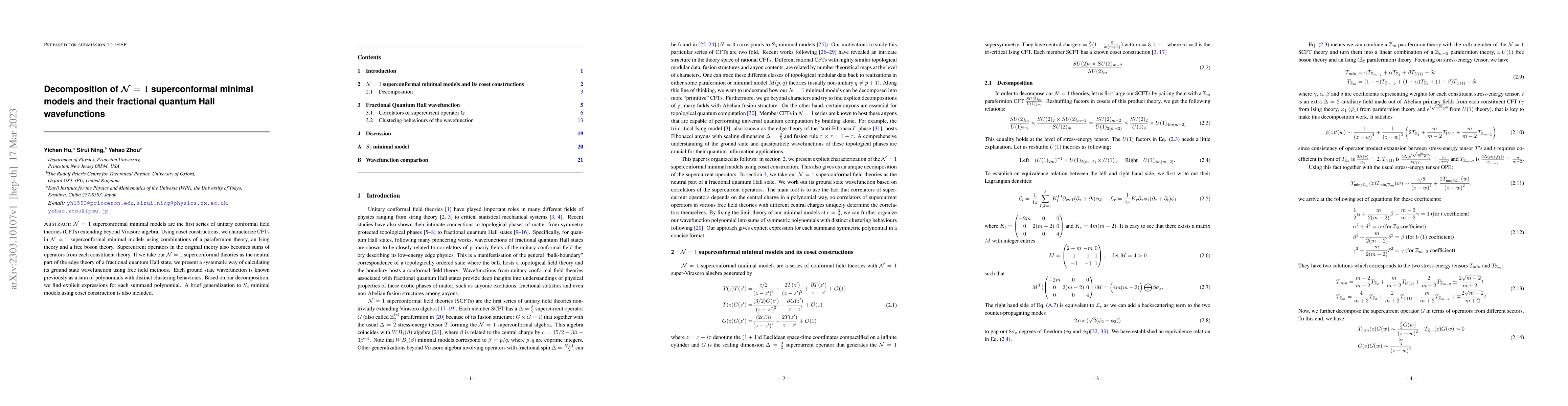 Thumbnail for Decomposition of $\mathcal{N}=1$ superconformal minimal models and their
  fractional quantum Hall wavefunctions