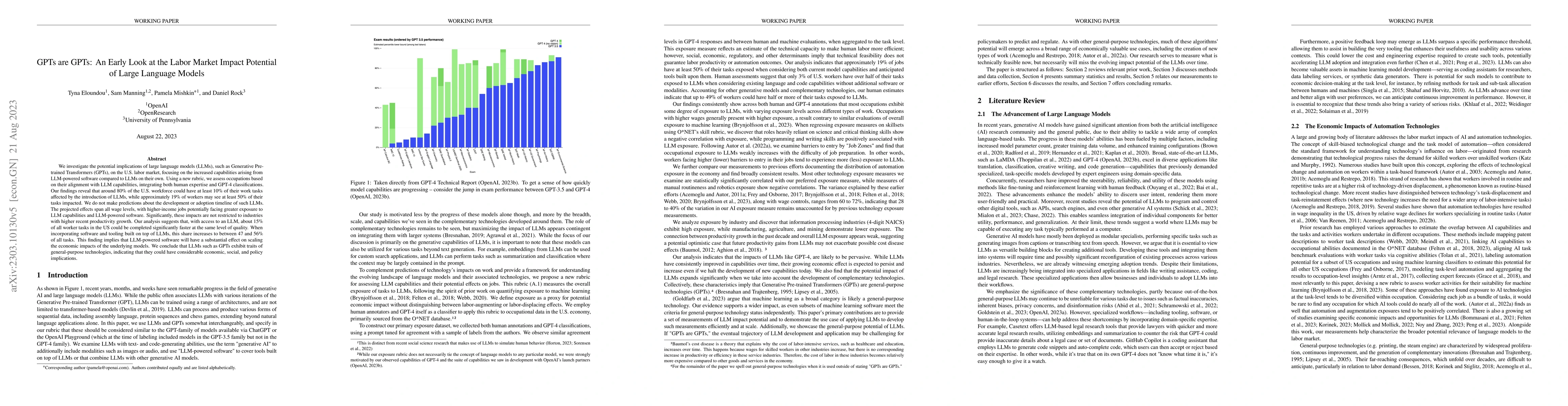 Thumbnail for GPTs are GPTs: An Early Look at the Labor Market Impact Potential of
  Large Language Models