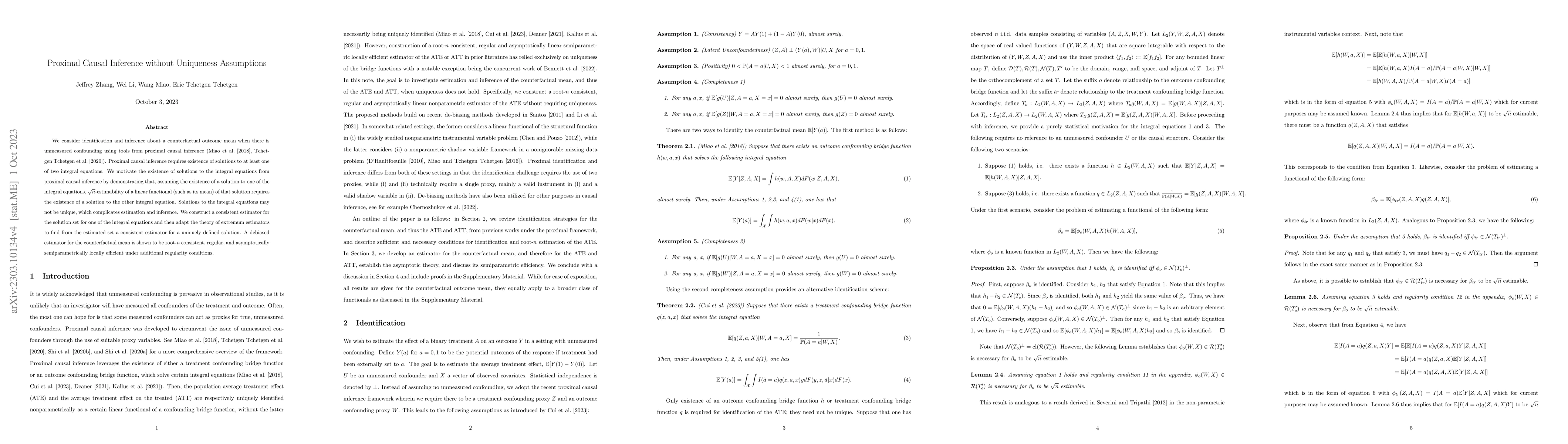 Thumbnail for Proximal Causal Inference without Uniqueness Assumptions