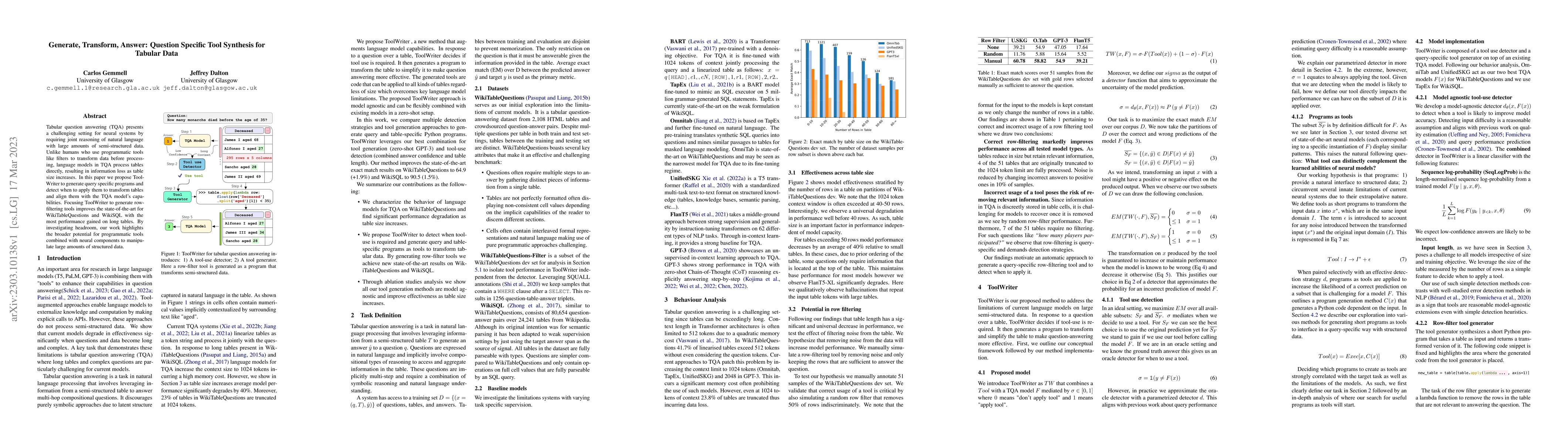 Thumbnail for Generate, Transform, Answer: Question Specific Tool Synthesis for
  Tabular Data