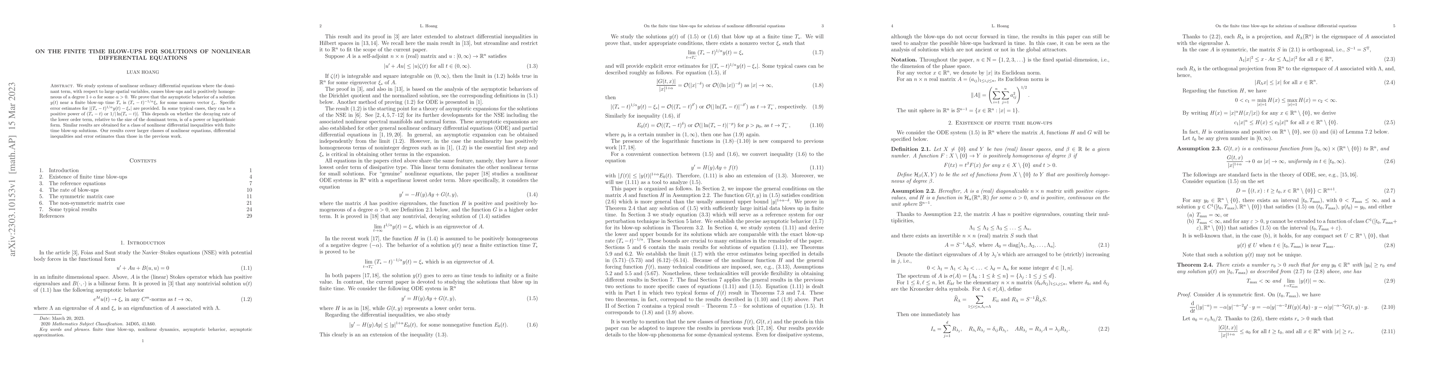 Thumbnail for On the finite time blow-ups for solutions of nonlinear differential
  equations