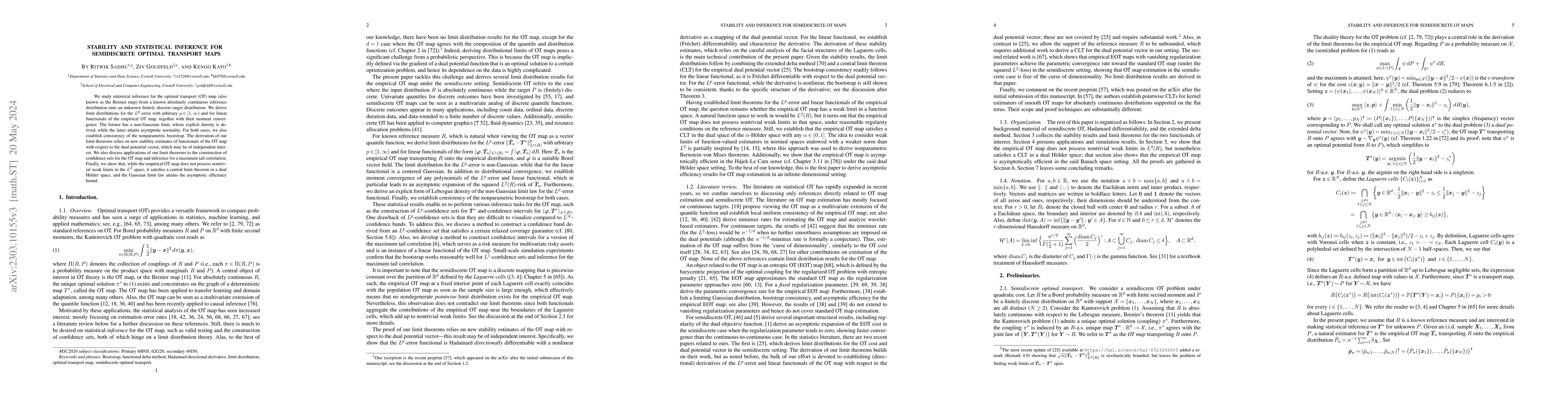 Thumbnail for Stability and statistical inference for semidiscrete optimal transport
  maps