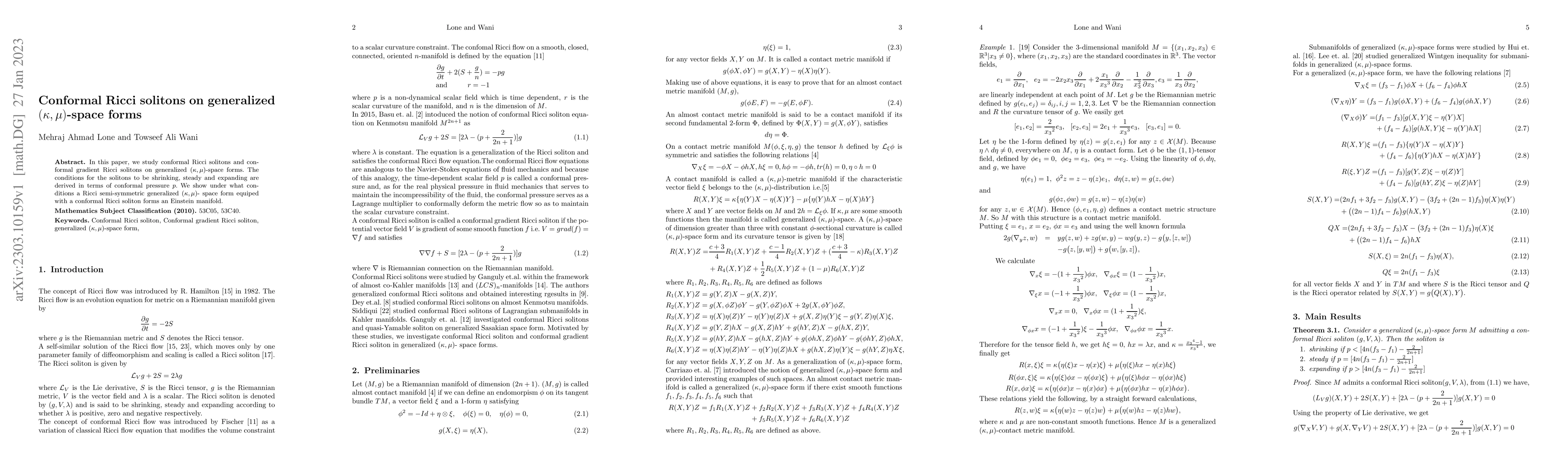 Thumbnail for Conformal Ricci solitons on generalized ($\kappa, \mu$)-space forms