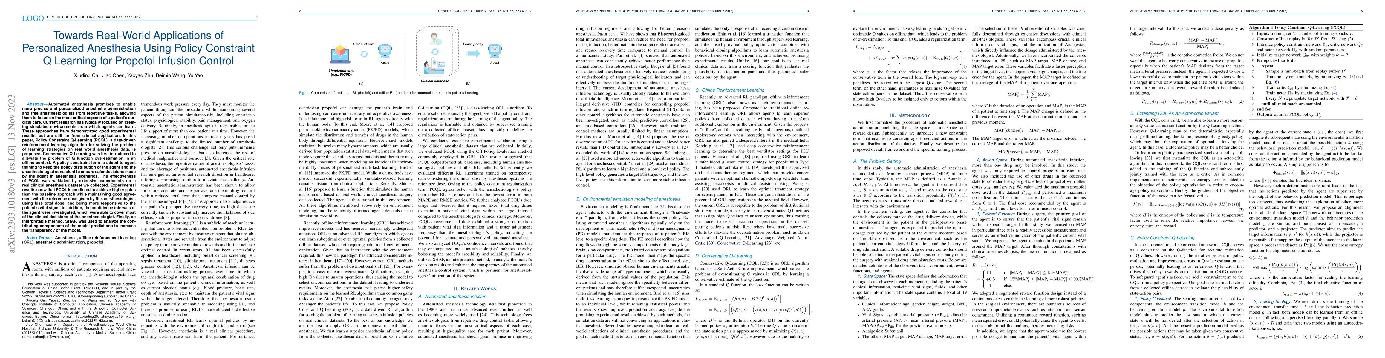 Thumbnail for Towards Real-World Applications of Personalized Anesthesia Using Policy
  Constraint Q Learning for Propofol Infusion Control