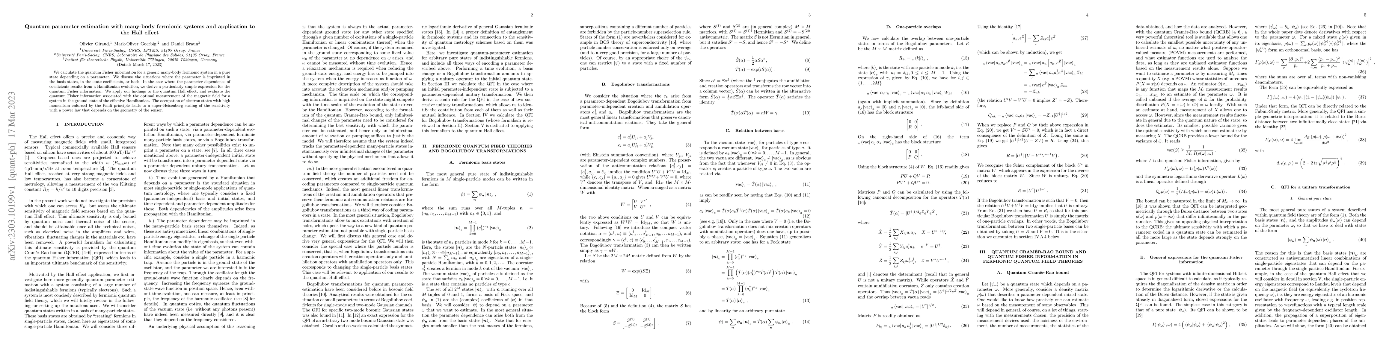 Thumbnail for Quantum parameter estimation with many-body fermionic systems and
  application to the Hall effect