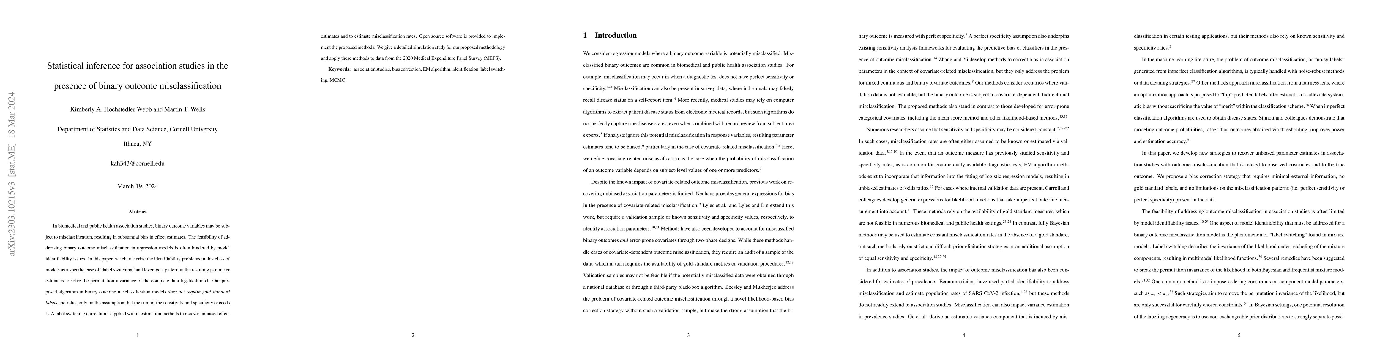 Thumbnail for Statistical inference for association studies in the presence of binary
  outcome misclassification