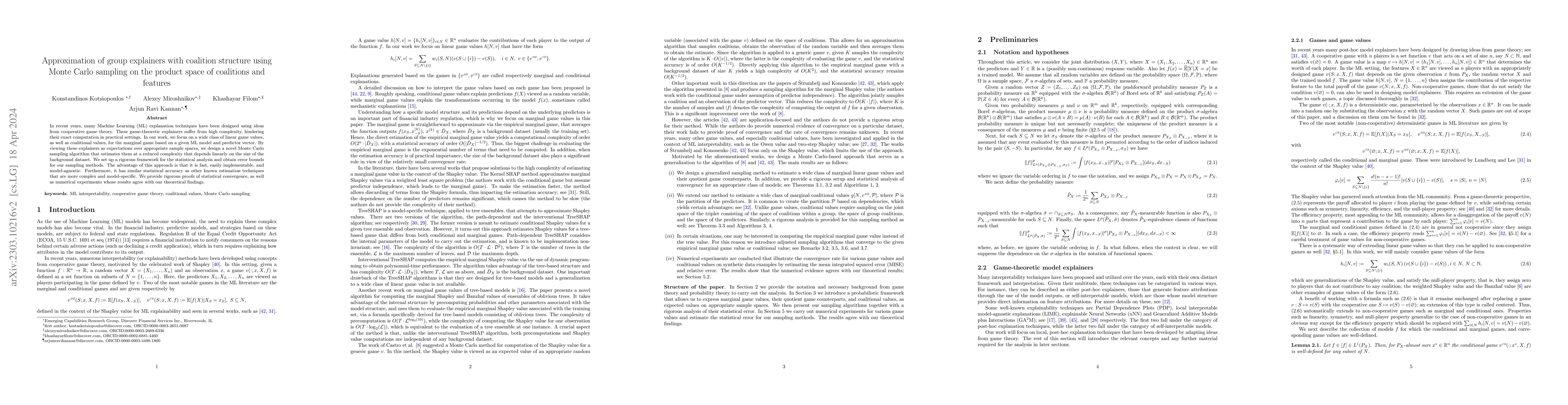 Thumbnail for Approximation of group explainers with coalition structure using Monte
  Carlo sampling on the product space of coalitions and features
