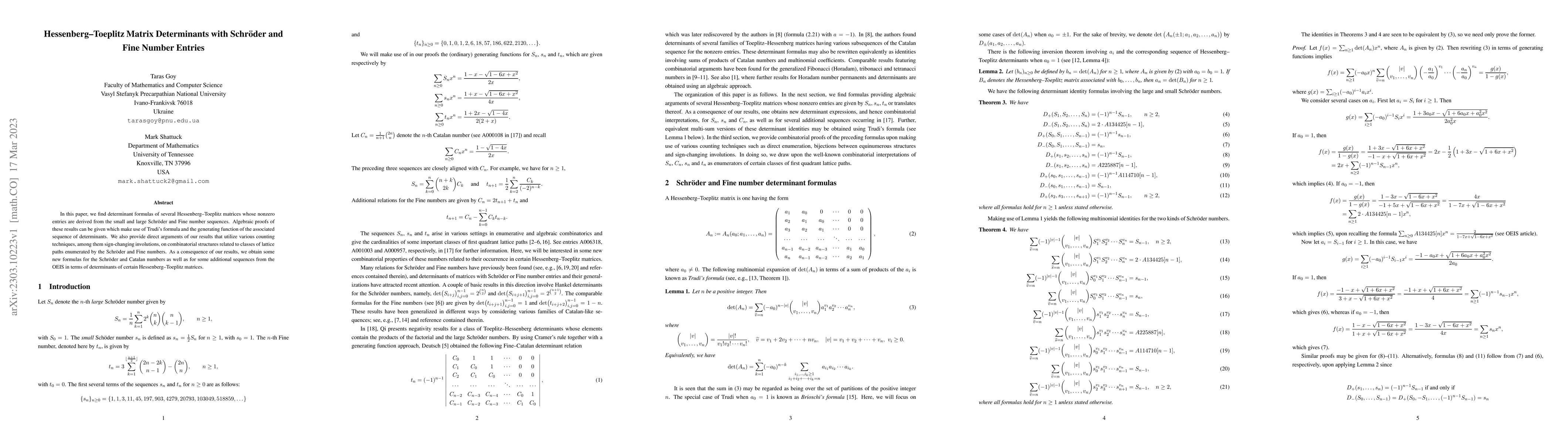 Thumbnail for Hessenberg-Toeplitz Matrix Determinants with Schroder and Fine Number
  Entries