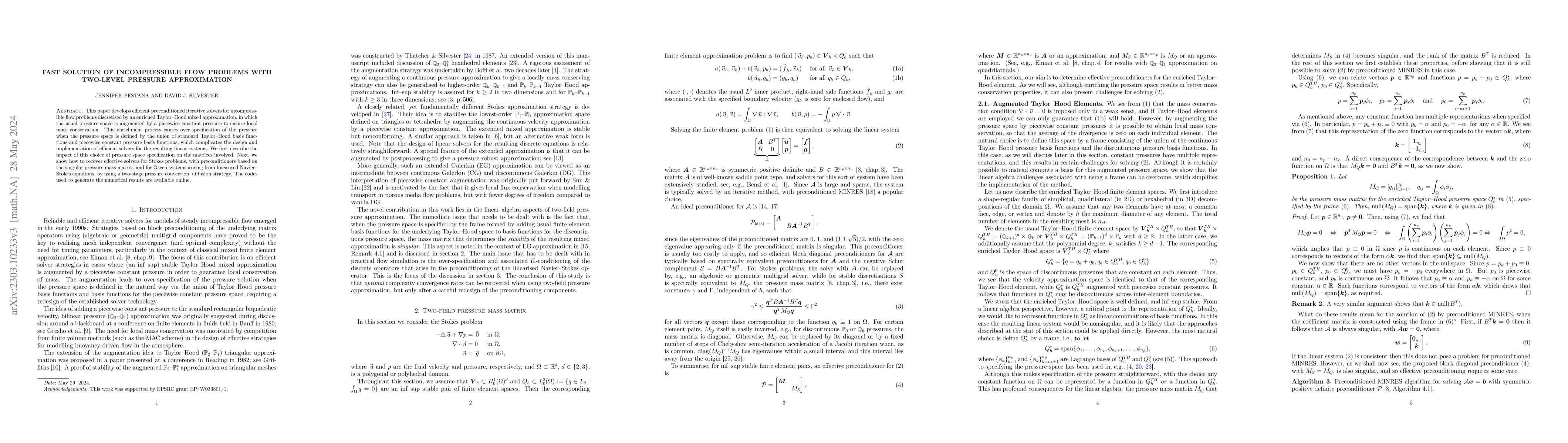 Thumbnail for Fast solution of incompressible flow problems with two-level pressure
  approximation