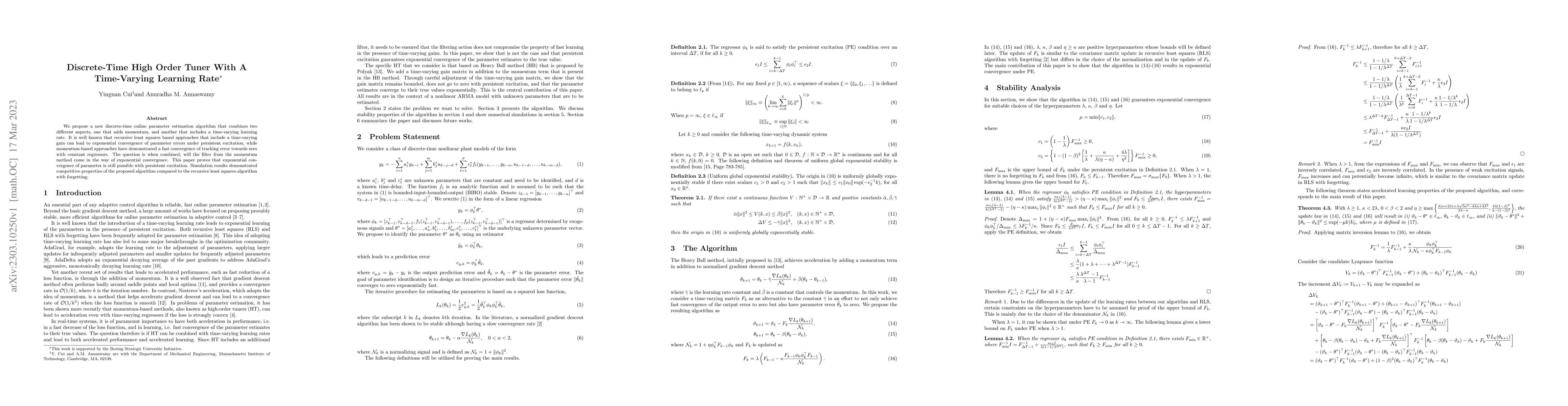 Thumbnail for Discrete-Time High Order Tuner With A Time-Varying Learning Rate