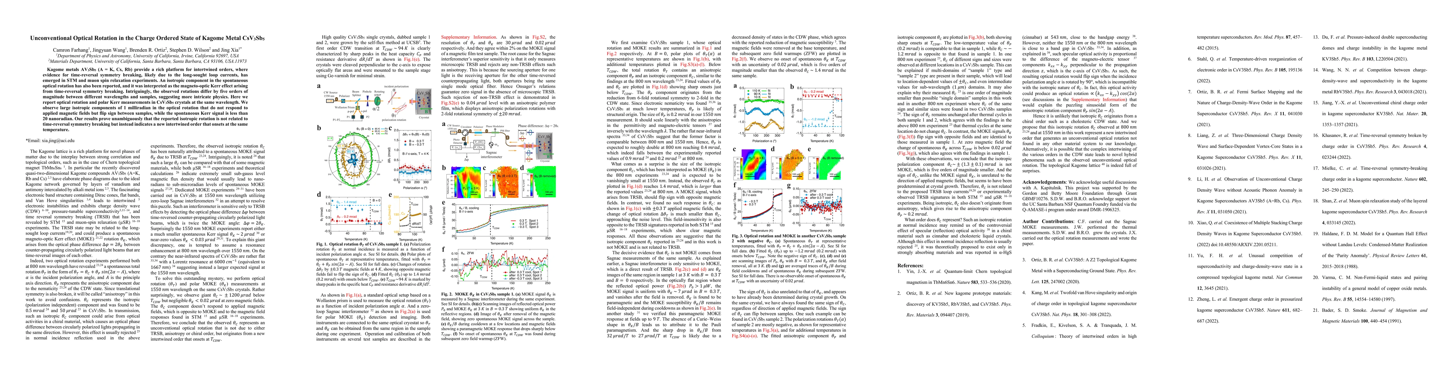 Thumbnail for Unconventional Optical Rotation in the Charge Ordered State of Kagome
  Metal CsV3Sb5