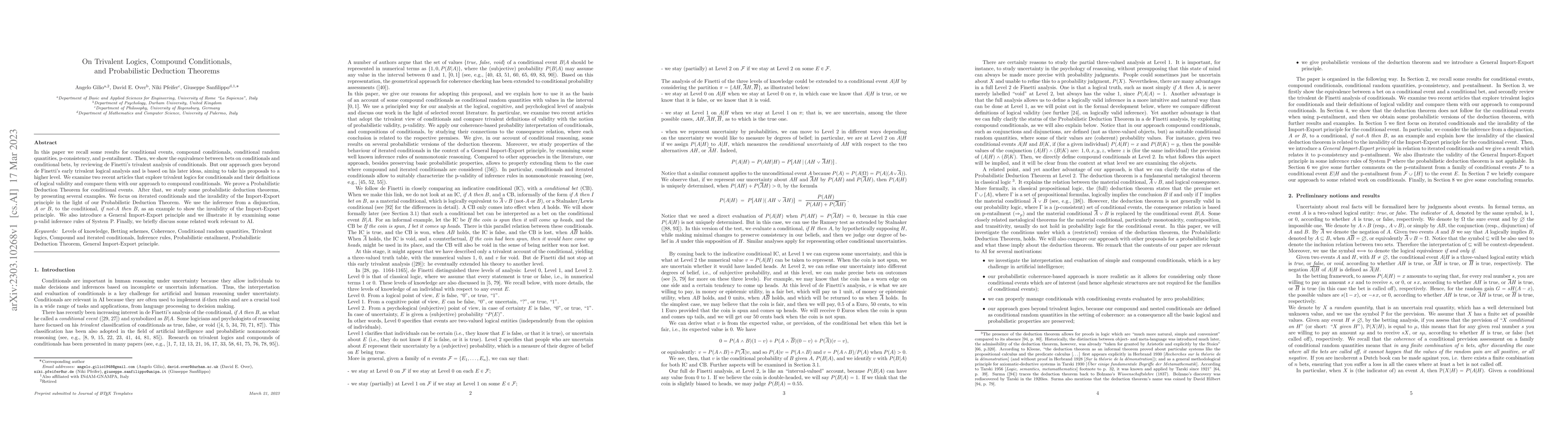 Thumbnail for On Trivalent Logics, Compound Conditionals, and Probabilistic Deduction
  Theorems