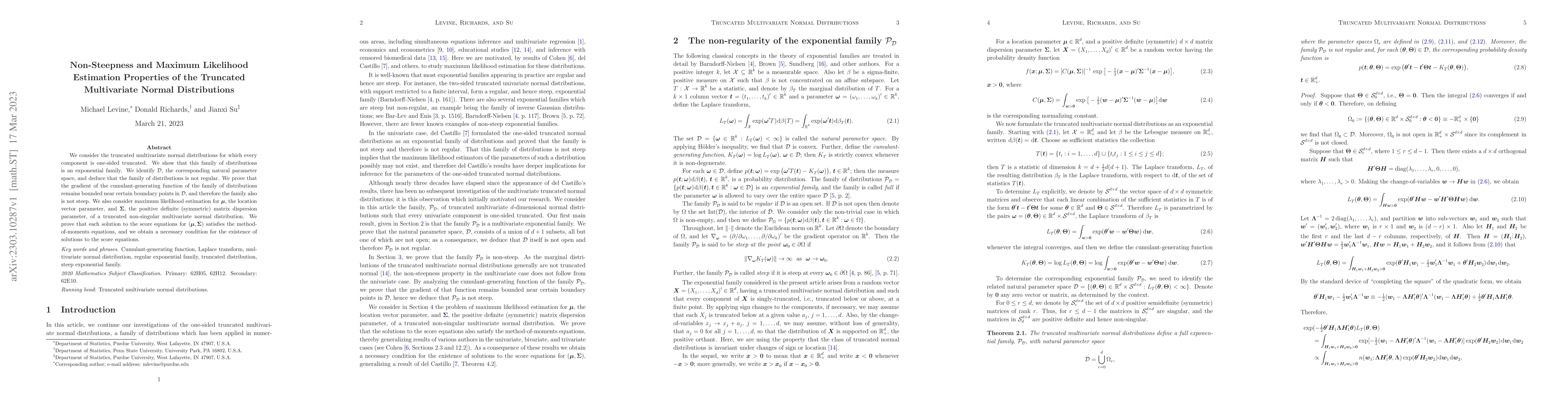 Thumbnail for Non-Steepness and Maximum Likelihood Estimation Properties of the
  Truncated Multivariate Normal Distributions