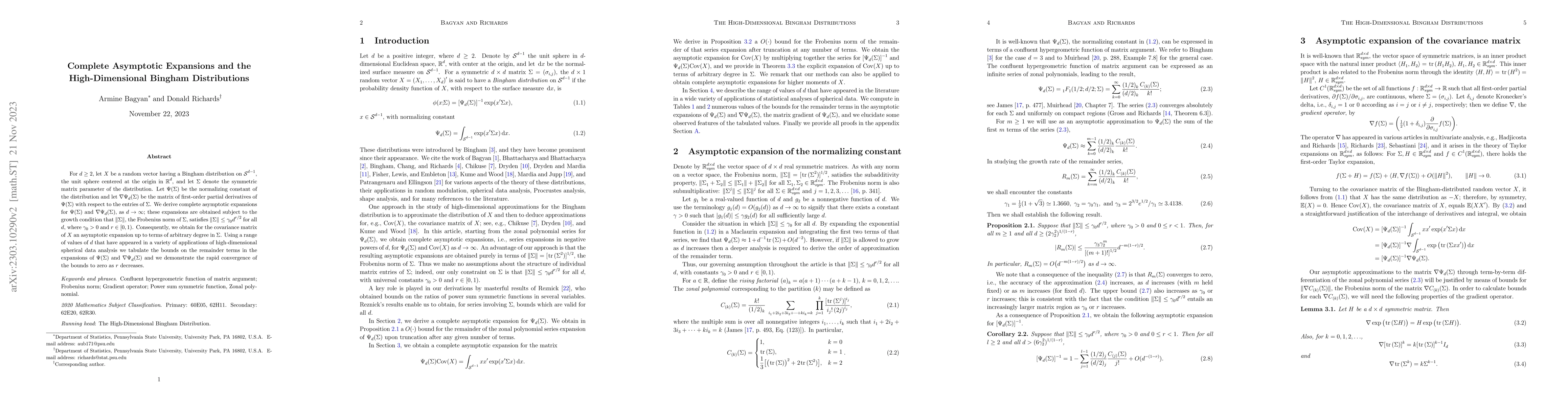 Thumbnail for Complete Asymptotic Expansions and the High-Dimensional Bingham
  Distributions