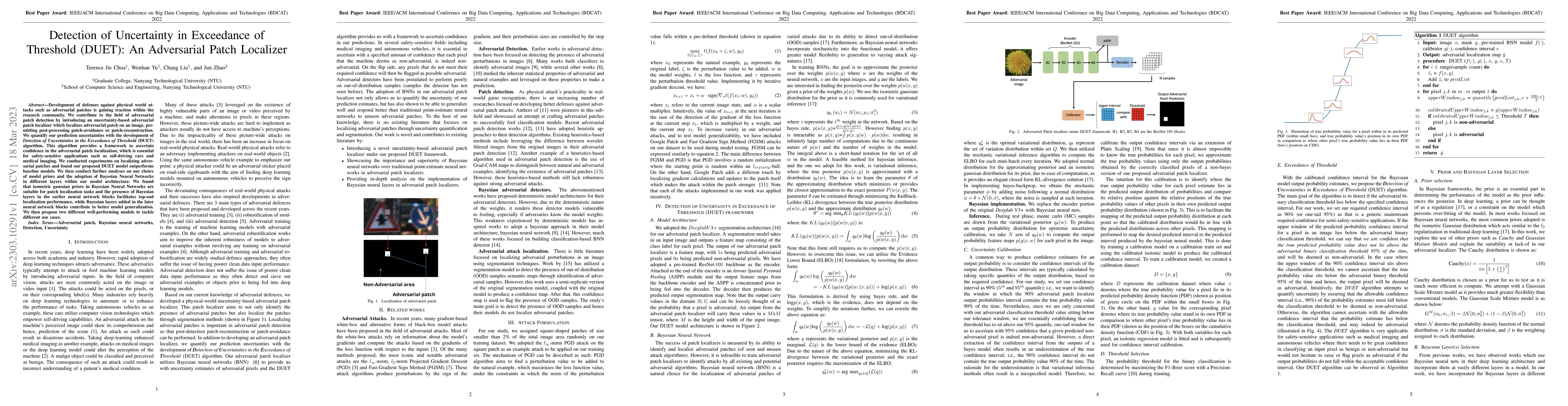 Thumbnail for Detection of Uncertainty in Exceedance of Threshold (DUET): An
  Adversarial Patch Localizer