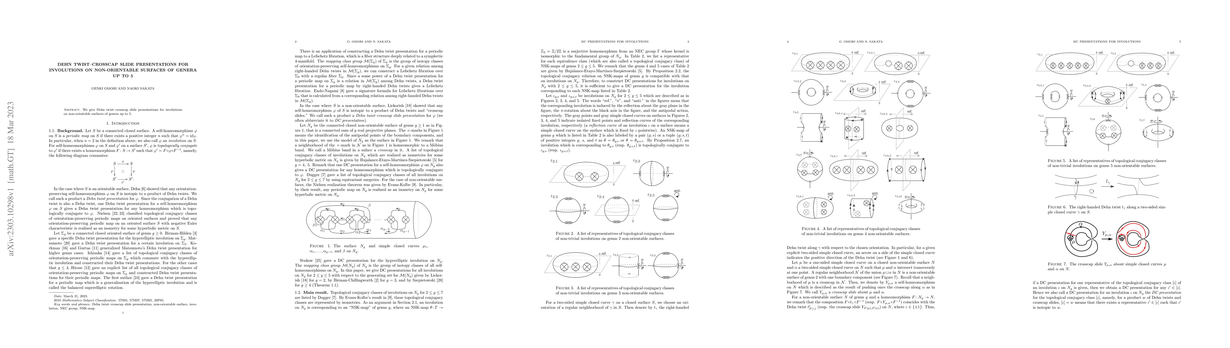 Thumbnail for Dehn twist--crosscap slide presentations for involutions on
  non-orientable surfaces of genera up to 5