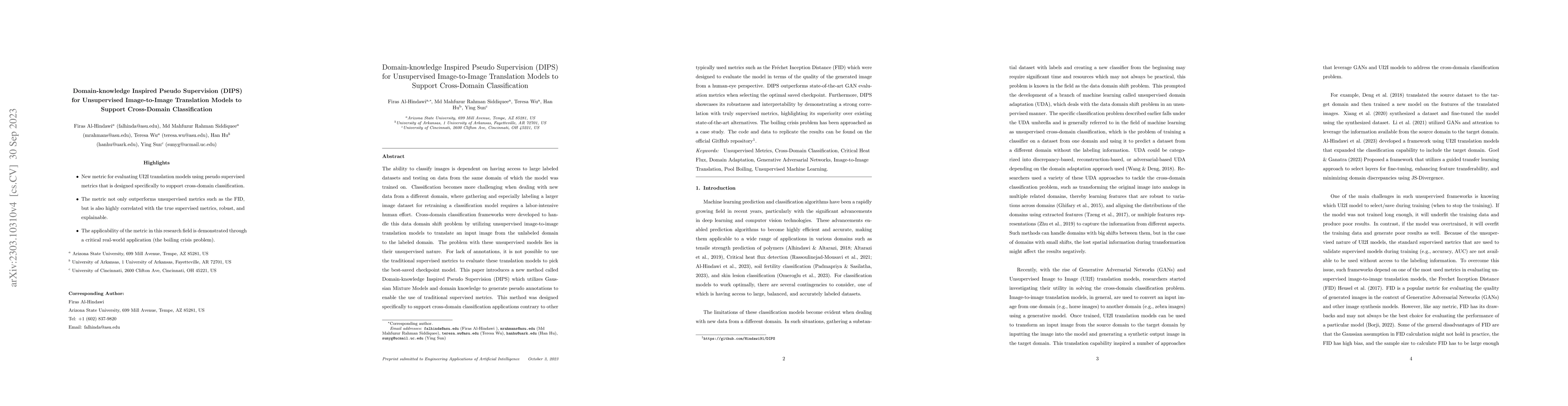 Thumbnail for Domain-knowledge Inspired Pseudo Supervision (DIPS) for Unsupervised
  Image-to-Image Translation Models to Support Cross-Domain Classification