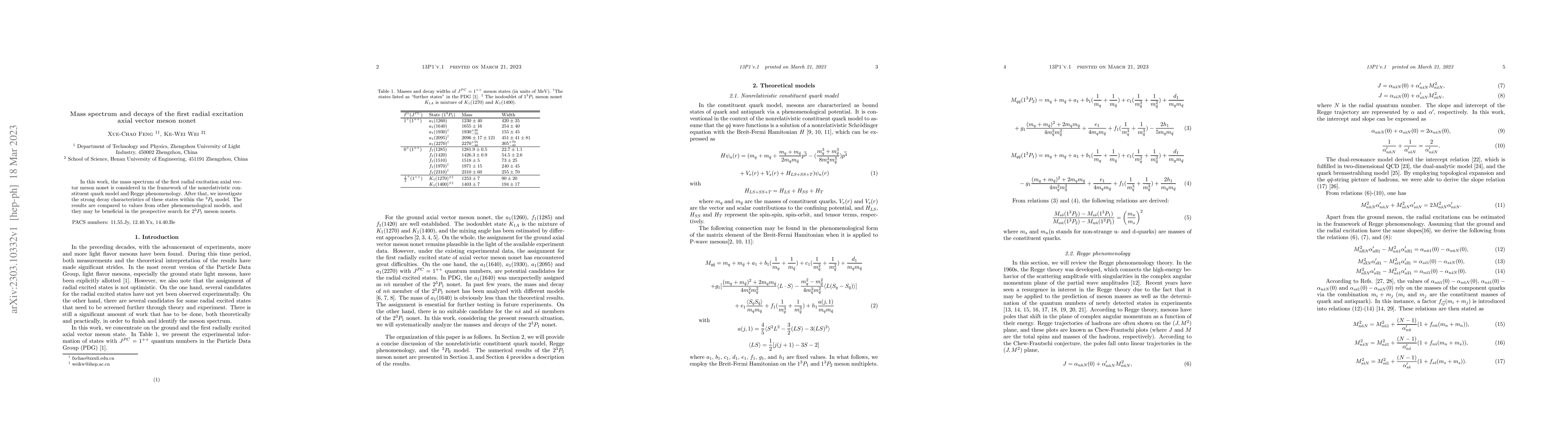 Thumbnail for Mass spectrum and decays of the first radial excitation axial vector
  meson nonet