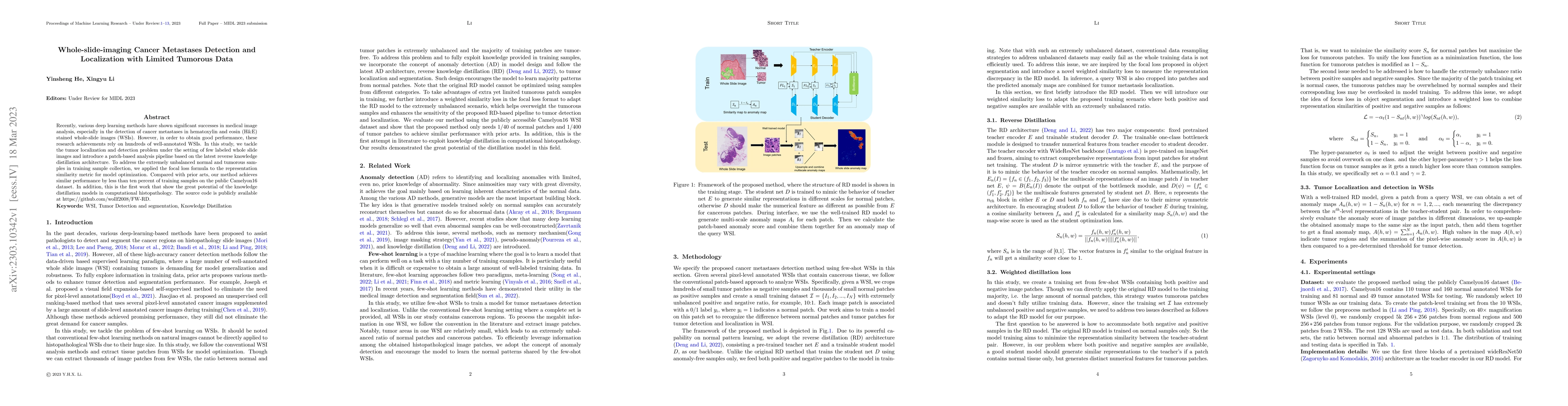 Thumbnail for Whole-slide-imaging Cancer Metastases Detection and Localization with
  Limited Tumorous Data