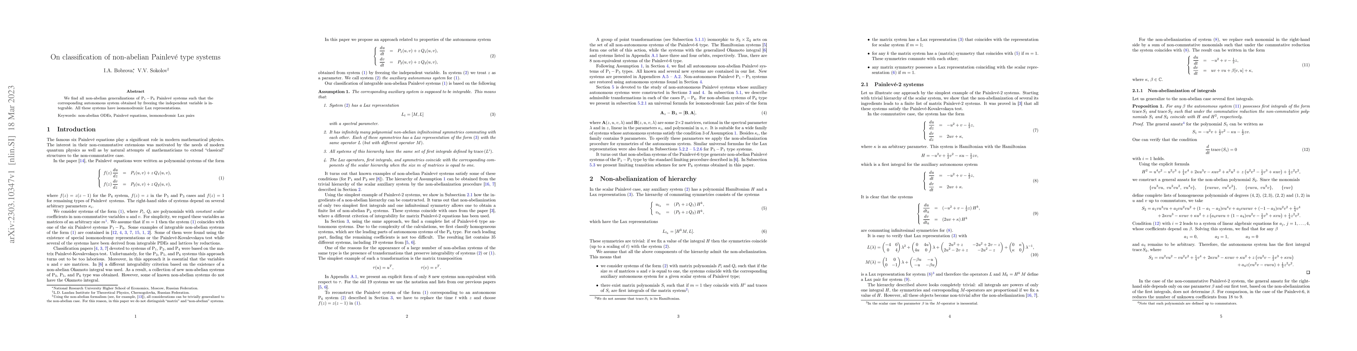 Thumbnail for On classification of non-abelian Painlev\'e type systems
