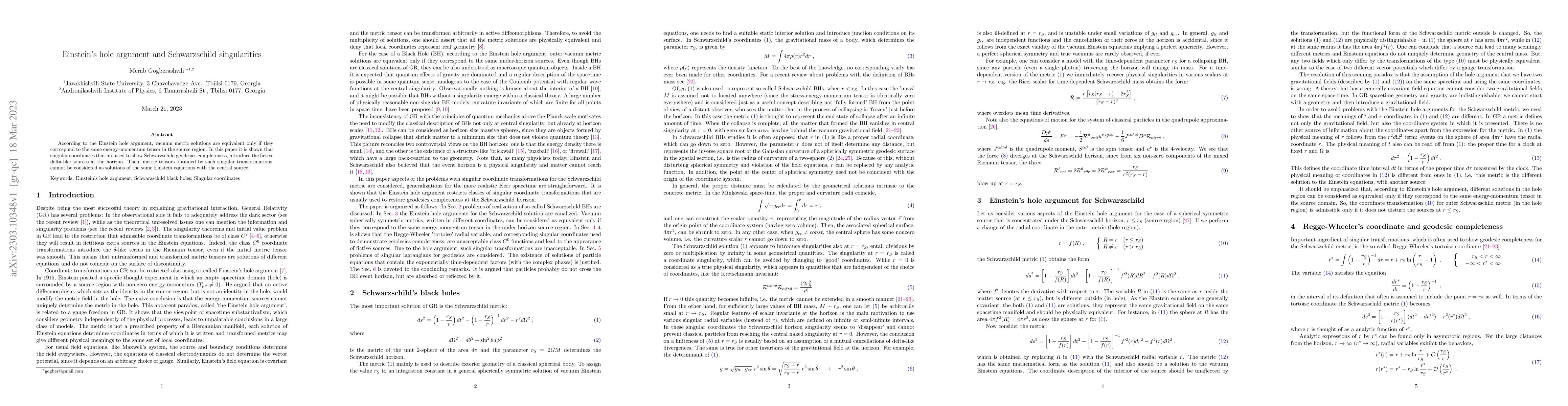 Thumbnail for Einstein's hole argument and Schwarzschild singularities