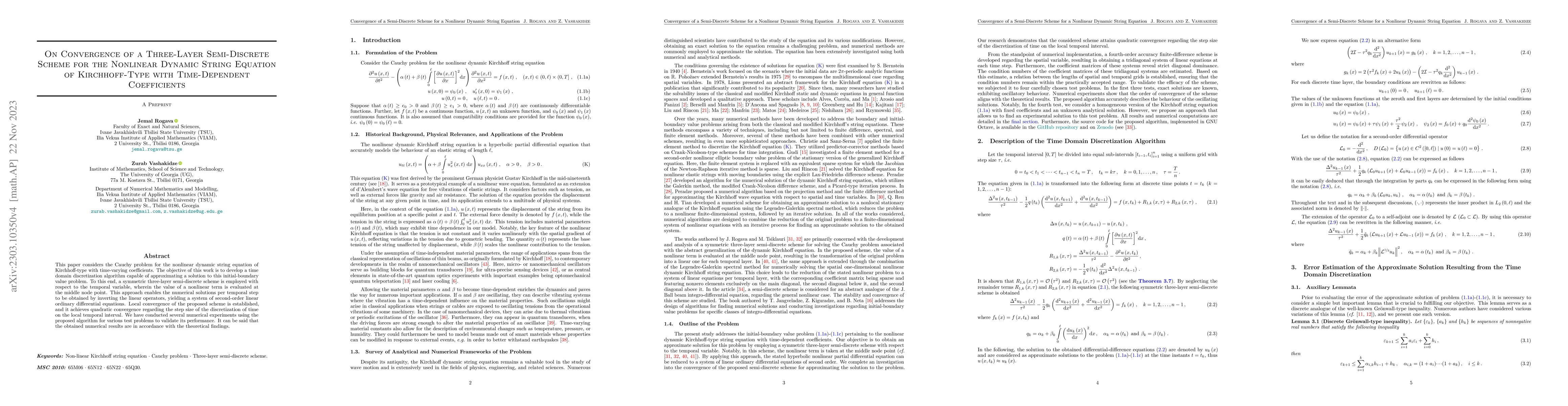 Thumbnail for On Convergence of a Three-Layer Semi-Discrete Scheme for the Nonlinear
  Dynamic String Equation of Kirchhoff-Type with Time-Dependent Coefficients