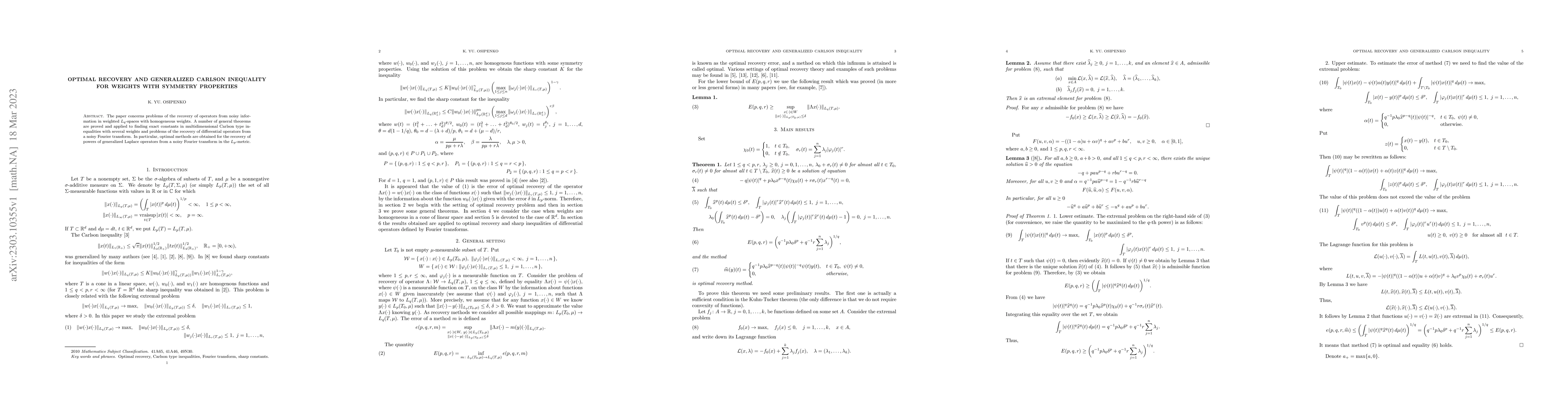 Thumbnail for Optimal recovery and generalized Carlson inequality for weights with
  symmetry properties