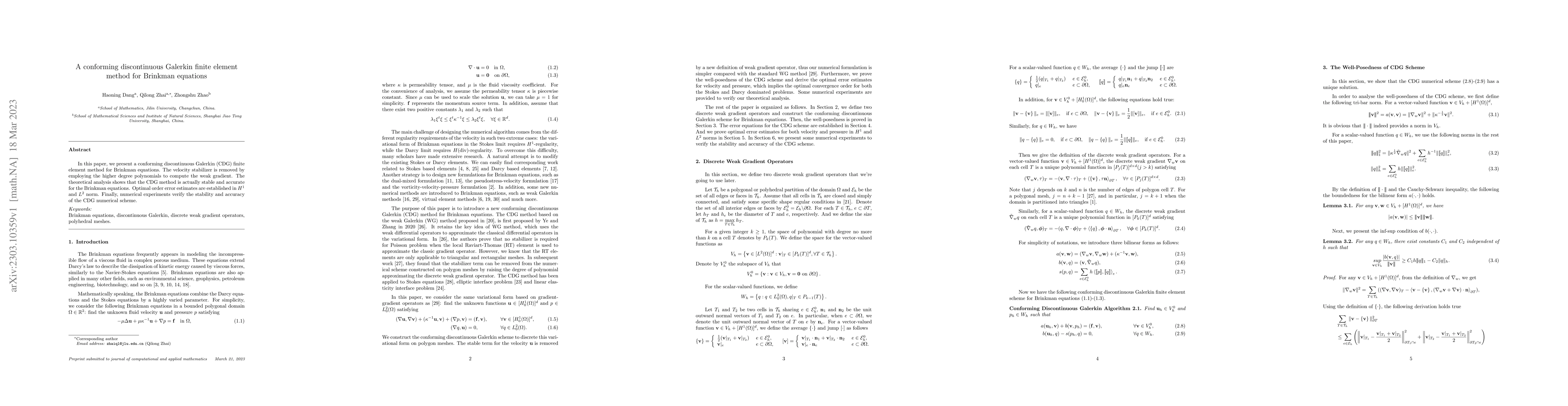 Thumbnail for A conforming discontinuous Galerkin finite element method for Brinkman
  equations