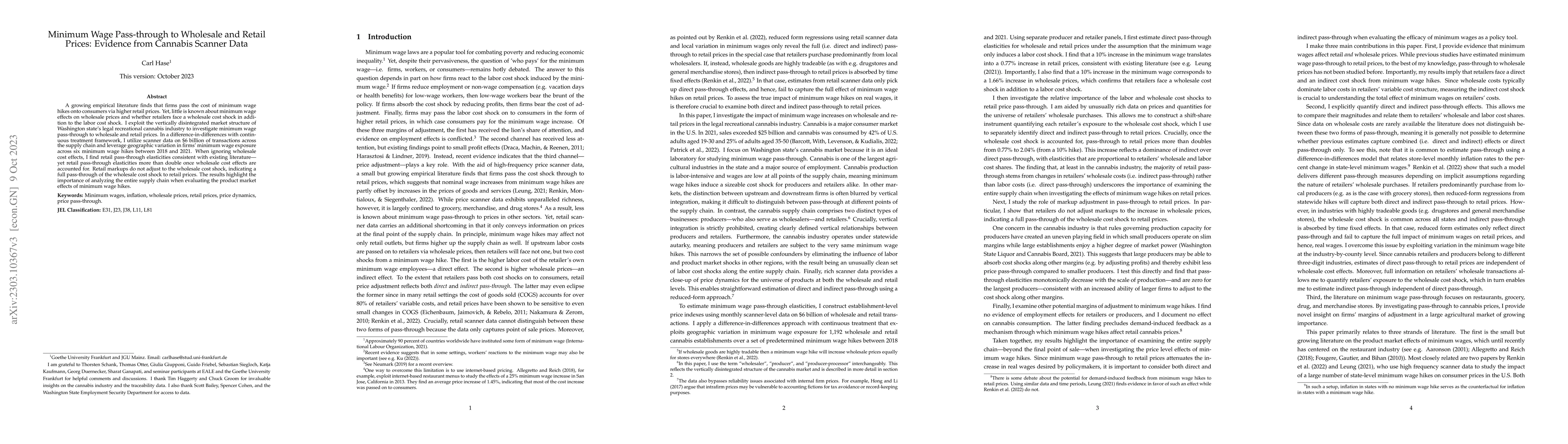 Thumbnail for Minimum Wage Pass-through to Wholesale and Retail Prices: Evidence from
  Cannabis Scanner Data