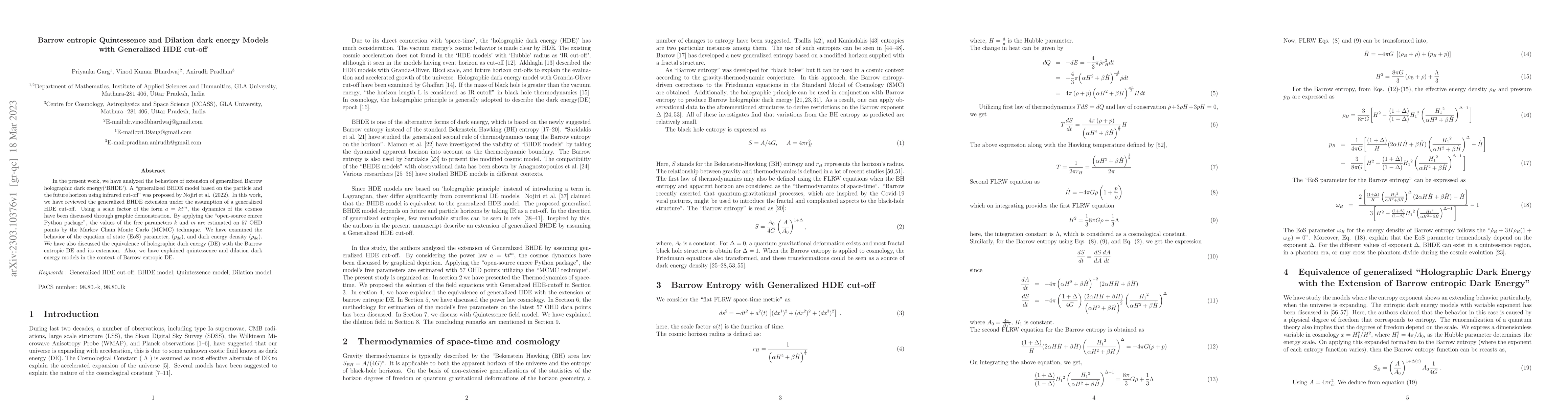 Thumbnail for Barrow entropic Quintessence and Dilation dark energy Models with
  Generalized HDE cut-off
