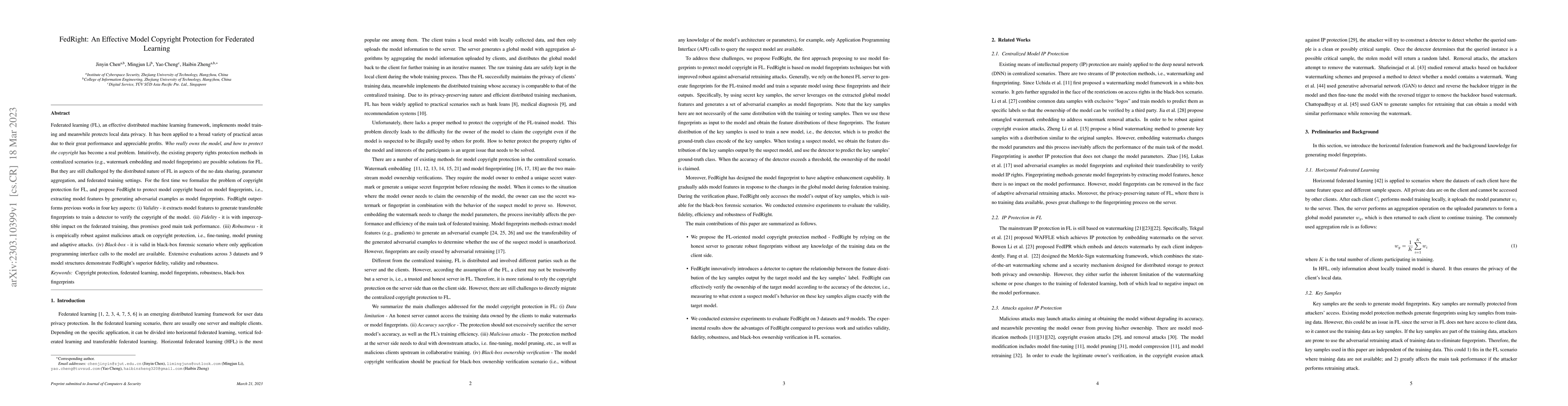 Thumbnail for FedRight: An Effective Model Copyright Protection for Federated Learning