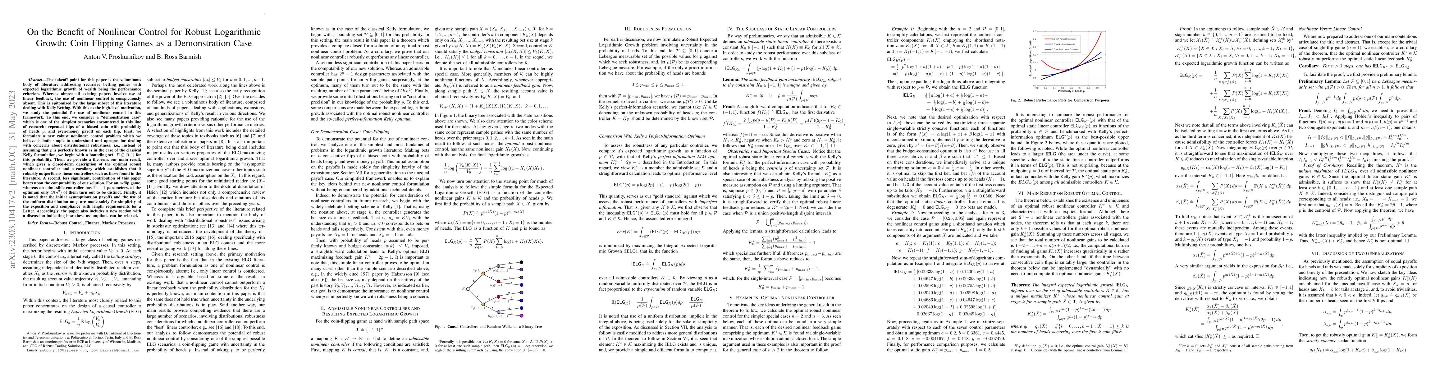 Thumbnail for On the Benefit of Nonlinear Control for Robust Logarithmic Growth: Coin
  Flipping Games as a Demonstration Case