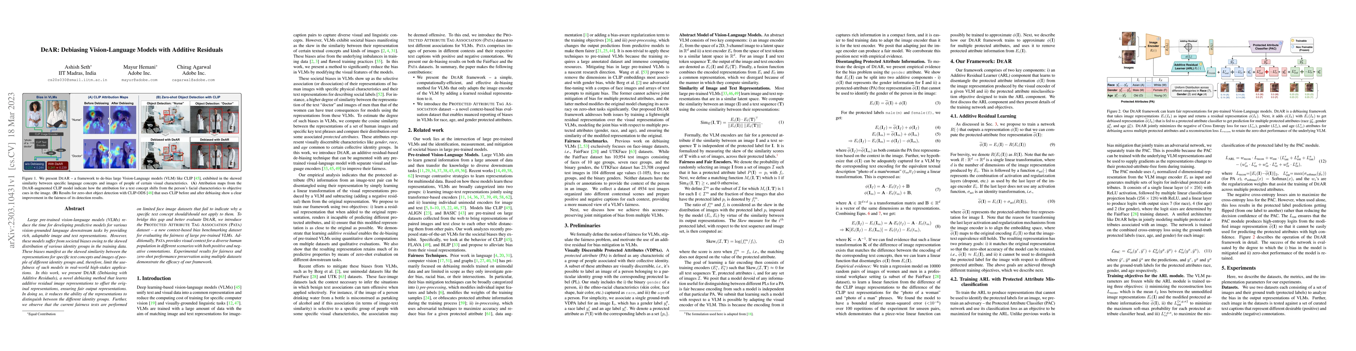 Thumbnail for DeAR: Debiasing Vision-Language Models with Additive Residuals