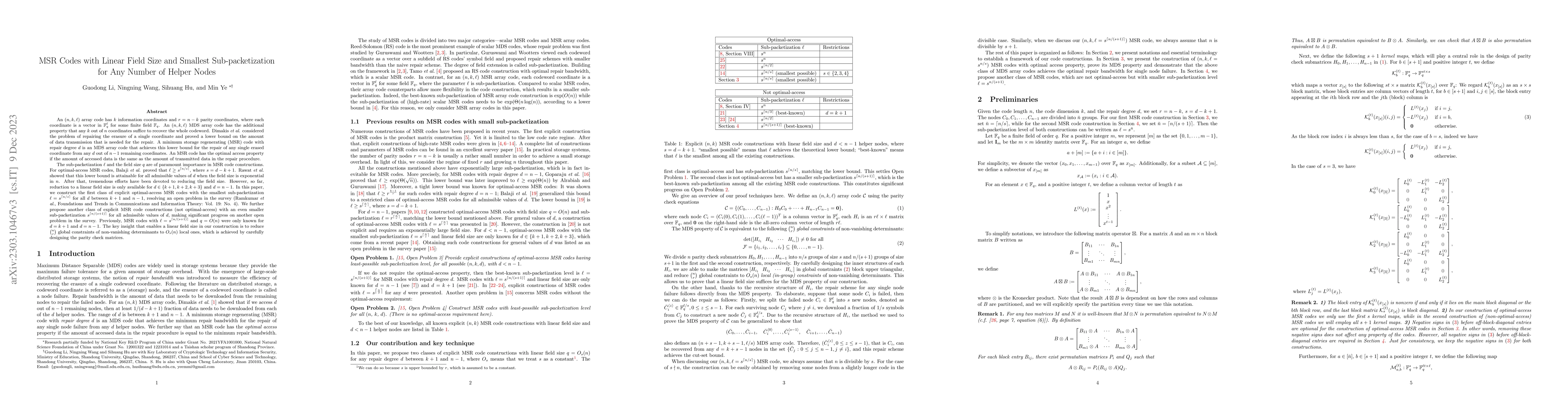Thumbnail for MSR Codes with Linear Field Size and Smallest Sub-packetization for Any
  Number of Helper Nodes