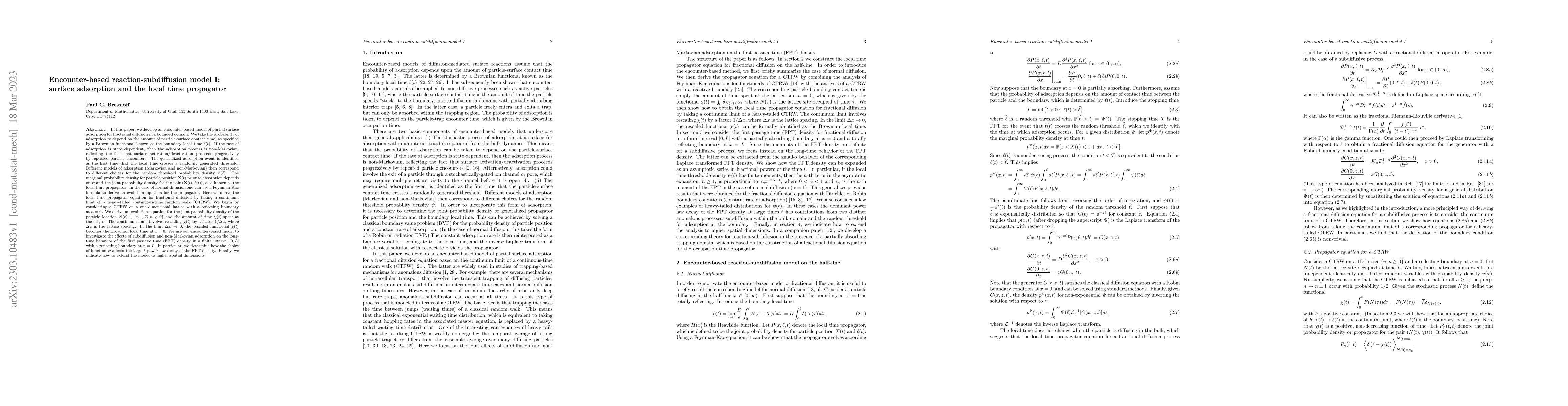 Thumbnail for Encounter-based reaction-subdiffusion model I: surface adsorption and
  the local time propagator