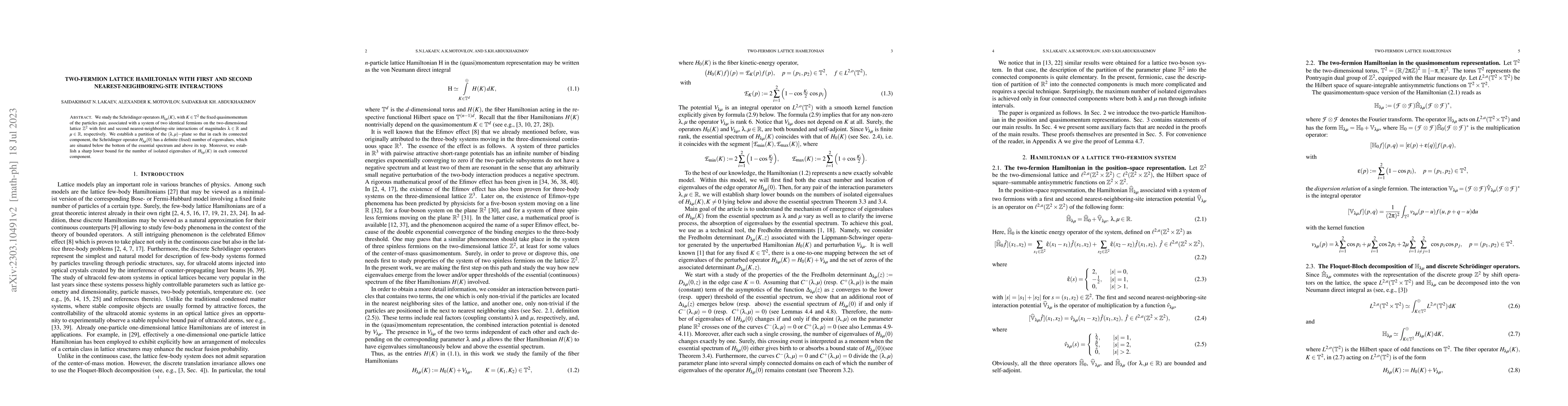 Thumbnail for Two-fermion lattice Hamiltonian with first and second
  nearest-neighboring-site interactions