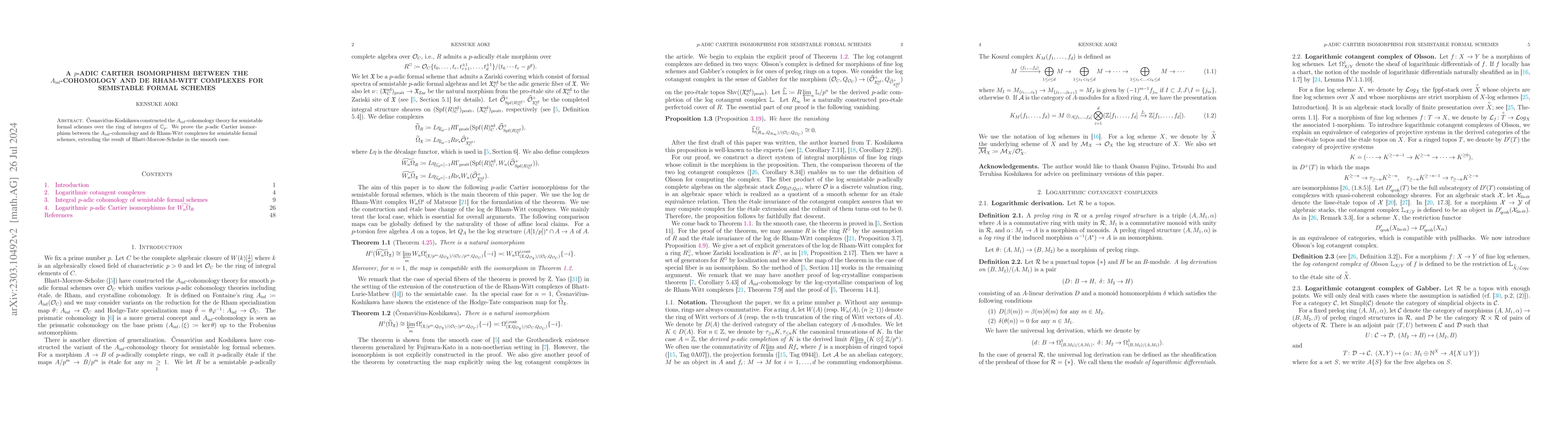 Thumbnail for A p-adic Cartier isomorphism between the A_inf-cohomology and de
  Rham-Witt complexes for semistable formal schemes