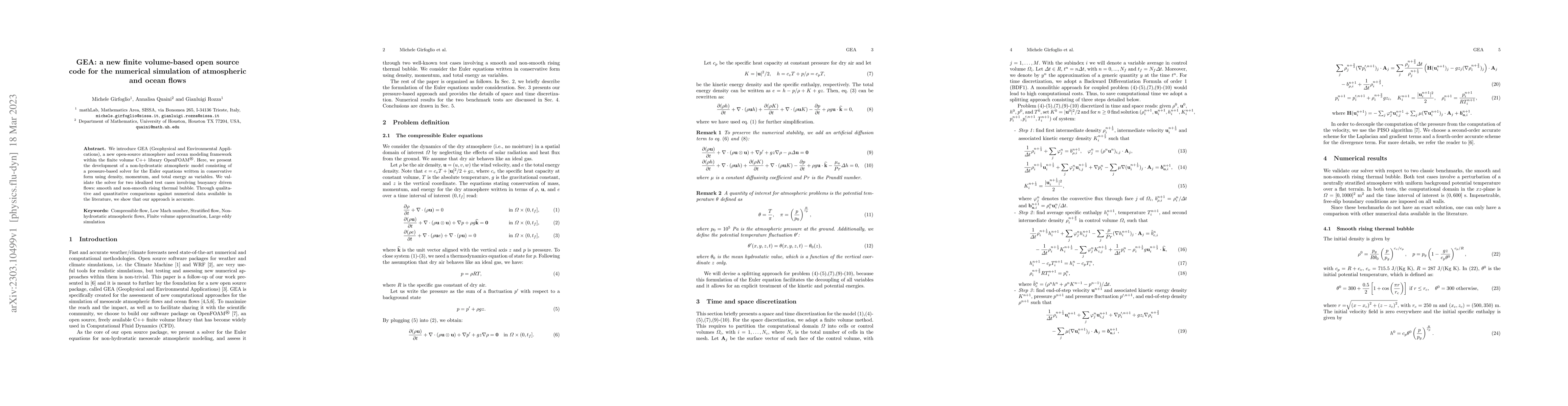 Thumbnail for GEA: a new finite volume-based open source code for the numerical
  simulation of atmospheric and ocean flows