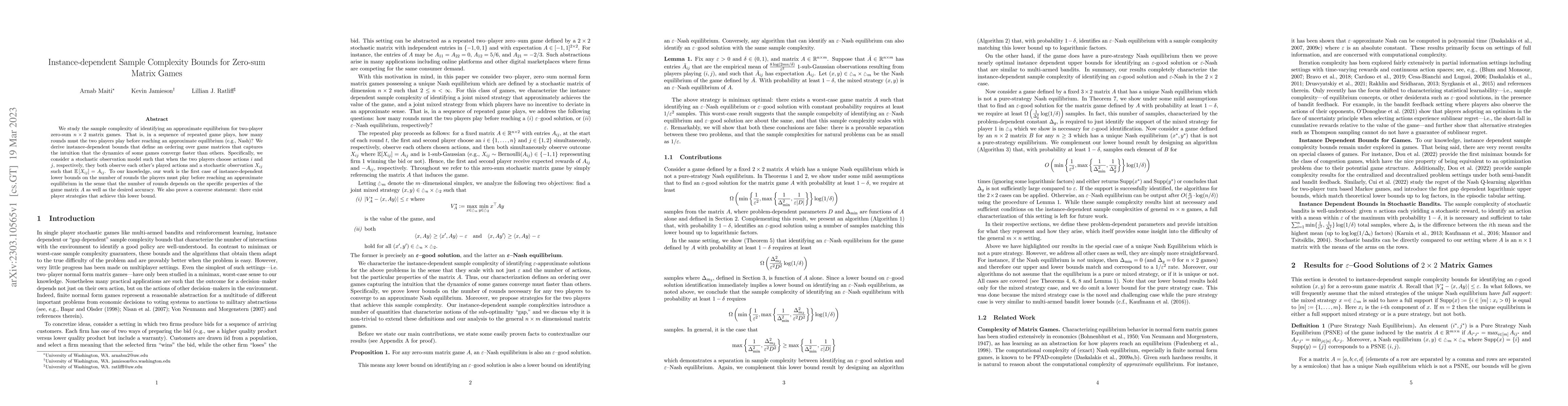 Thumbnail for Instance-dependent Sample Complexity Bounds for Zero-sum Matrix Games