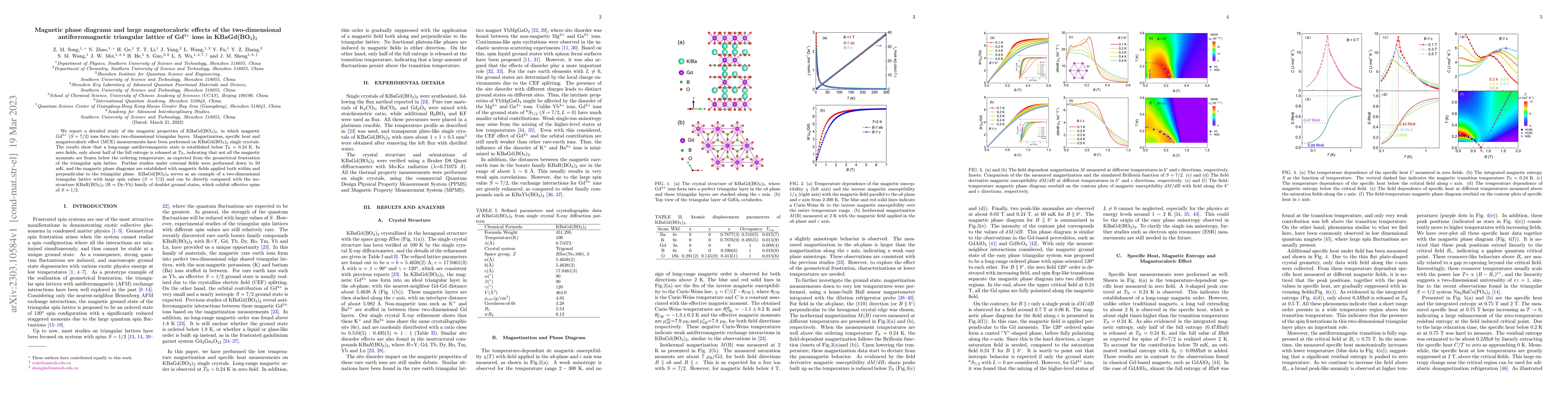 Thumbnail for Magnetic phase diagrams and large magnetocaloric effects of the
  two-dimensional antiferromagnetic triangular lattice of Gd$^{3+}$ ions in
  KBaGd(BO$_3$)$_2$