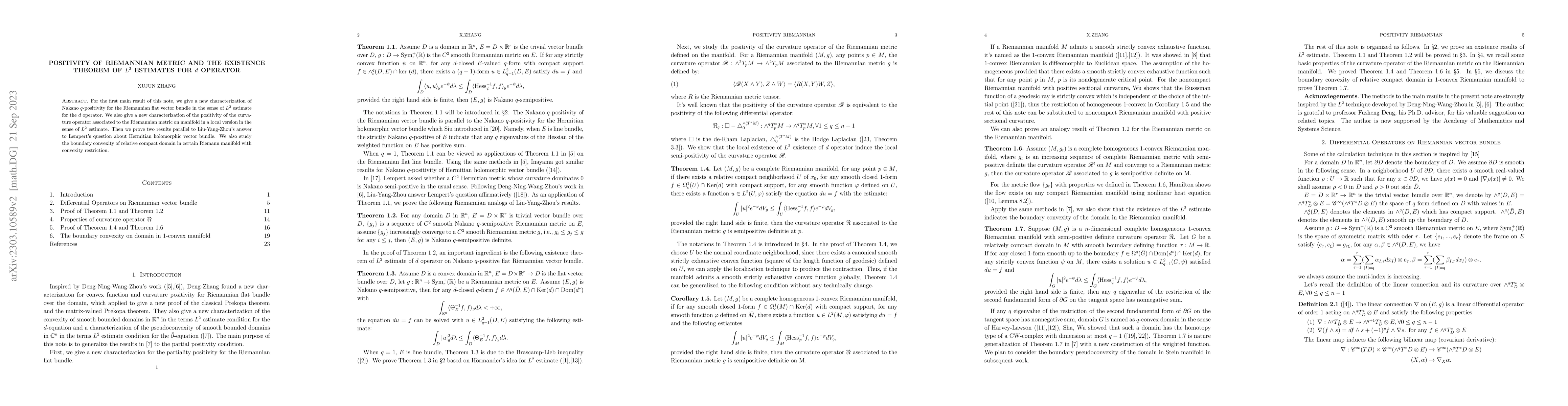 Thumbnail for Positivity of Riemannian metric and the existence theorem of $L^2$
  estimates for $d$ operator